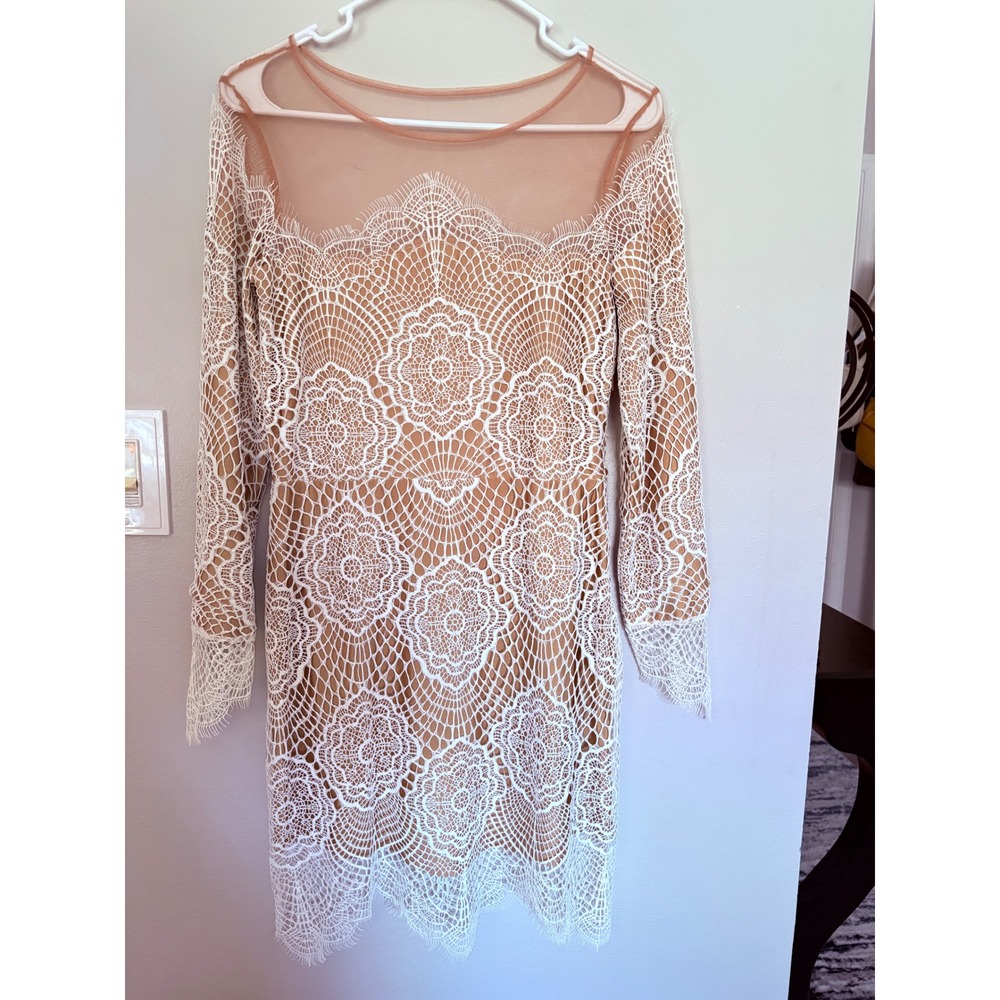 For Love & Lemons White Lace Nude Illusion Long Sleeve Mini Dress Scalloped Trim